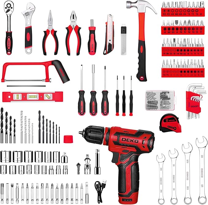 Drill Tool Set竊숿ool Kit with 12V Power Cordless Drill Hand Repair Tools Box with Drill, Home Tool Kits for Men & Women, Hand Drill Set Perfect for Homeowner, Diyer, Handyman - Red
