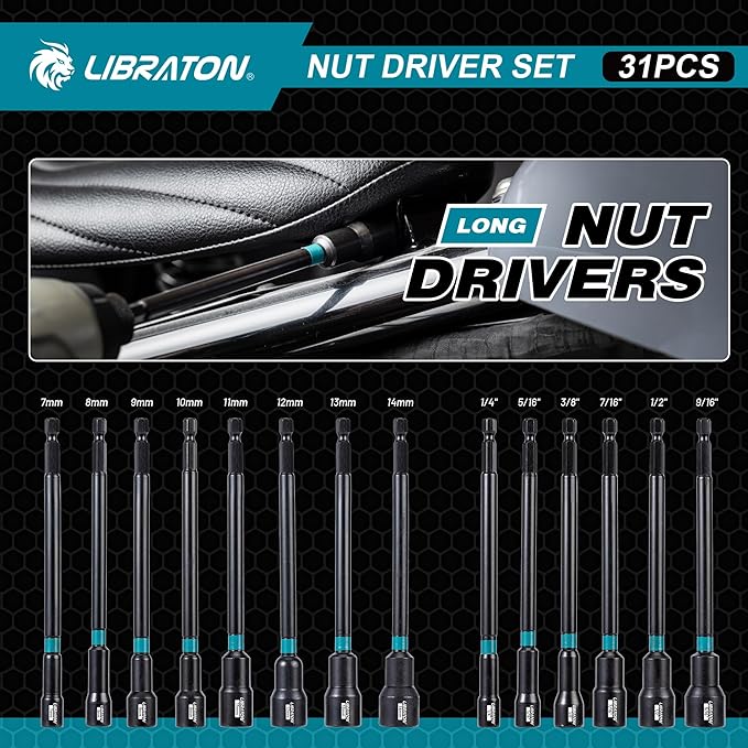 LIBRATON 31PCS Magnetic Nut Driver Set, 1/4" Impact Drill Driver Bit Set, Long Nut Drivers 6INCH, Metric & SAE Nut Drivers for Impact Drill, Socket Set, Impact to Hex Converter, PH1, PH2, Storage Box