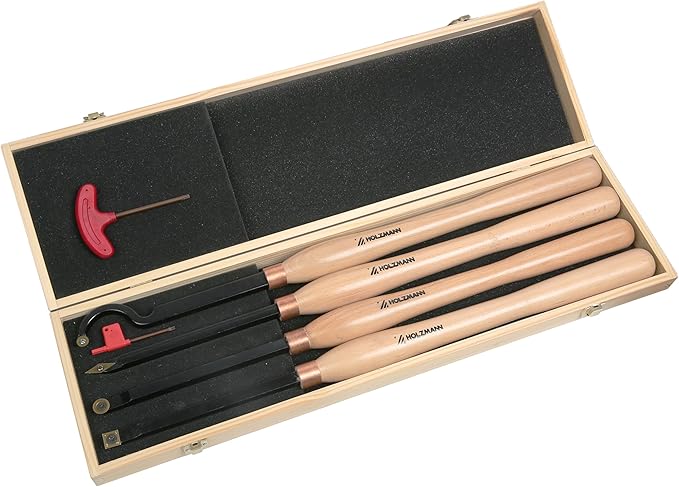 20" Full Size 4 PCS Carbide Wood Lathe Turning Tool Set, Including Swan Neck Hollower, Rougher, Finisher, Detailer, Titanium Coated Carbide Blades 2X Extended Service Life, Beech Wood Handle