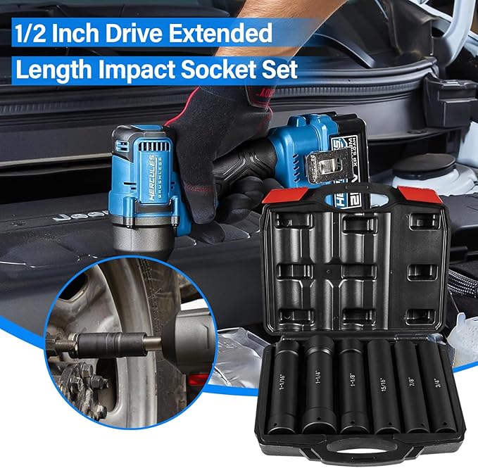 Drive Extended Length Impact Socket Set 6 Pack 1/2 Inch Drive Crank Bolt Socket Set Include Sizes 3/4", 7/8", 15/16", 1-1/16", 1-1/8", 1-1/4" for High Torque Use with Case