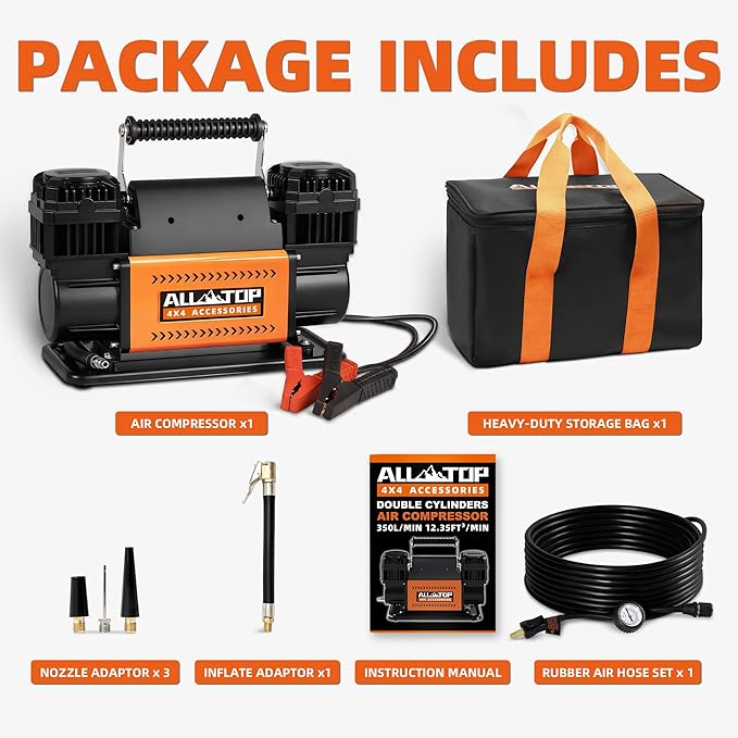 ALL-TOP Air Compressor Kit, Dual Cylinder 12V Portable Inflator 12.35 ft쨀/Min, Offroad Air Compressor Pump for Truck Tires, Heavy Duty Max 150 PSI for 4x4 Vehicle & RV