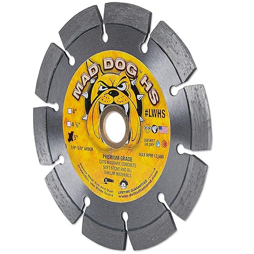 Delta Diamond Mad Dog HS 5 Inch Segmented Diamond Blade, .085 X 7/8"-5/8" Arbor, Premium, Wet/Dry, Laser-Welded, General Purpose Cutting Concrete, Masonry, Stone (5")