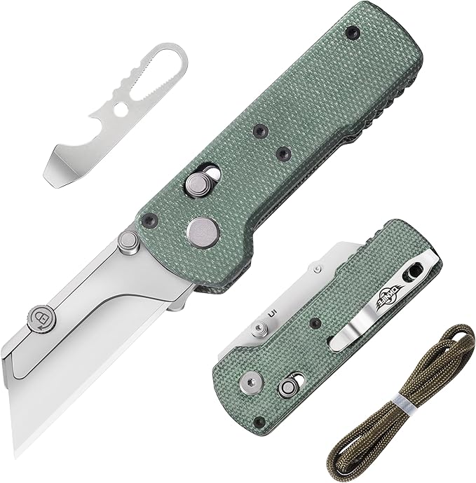 OKNIFE Otacle U1 Folding Utility Knife, Quick Change Box Cutter with Rail Lock, EDC Razor Knife with Pocket Clip for Office, Factory (Green Micarta)