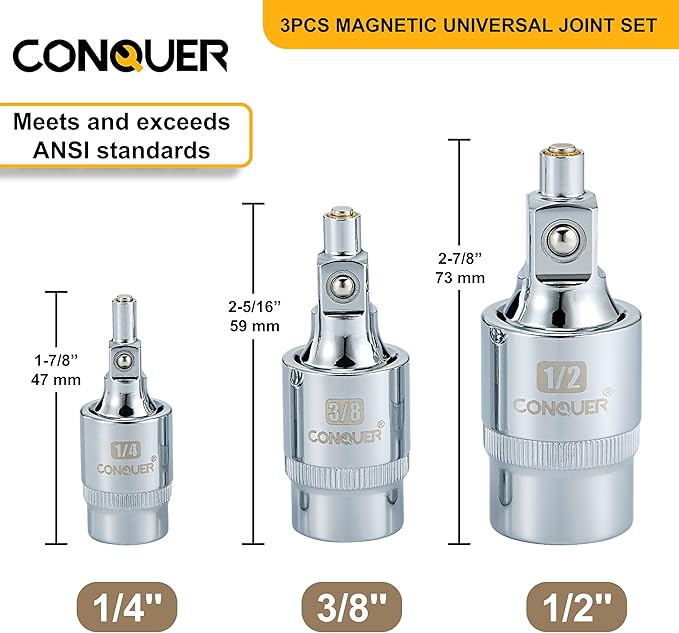 CONQUER Magnetic 2-Stage Universal Joint Socket Extension Set ??1/4", 3/8" & 1/2" Drive CR-MO Steel Adapters with Swivel & Fixed Positions, Magnetic Tip for Automotive, Mechanic & DIY Repairs