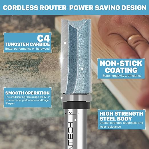 KEENTECH Router Bits 1/2" Shank, Flush Trim Router Bit, Top Bearing Carbide Tipped Pattern Bit, Template Straight Heavy Duty Woodworking Trimming Cutting Tool for Wood, 3/4" Diameter, 1-3/4" Depth