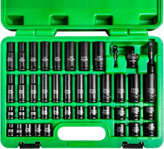43?멠c 3/8??Impact Socket Set ??SAE & Metric (5/16??/4?? 8??9?칖m), 6?멠oint Deep & Shallow Sockets, Chrome?멝oly Steel, Includes Adapter, Extension, Universal Joint ??Black Phosphate, Laser?멐tched