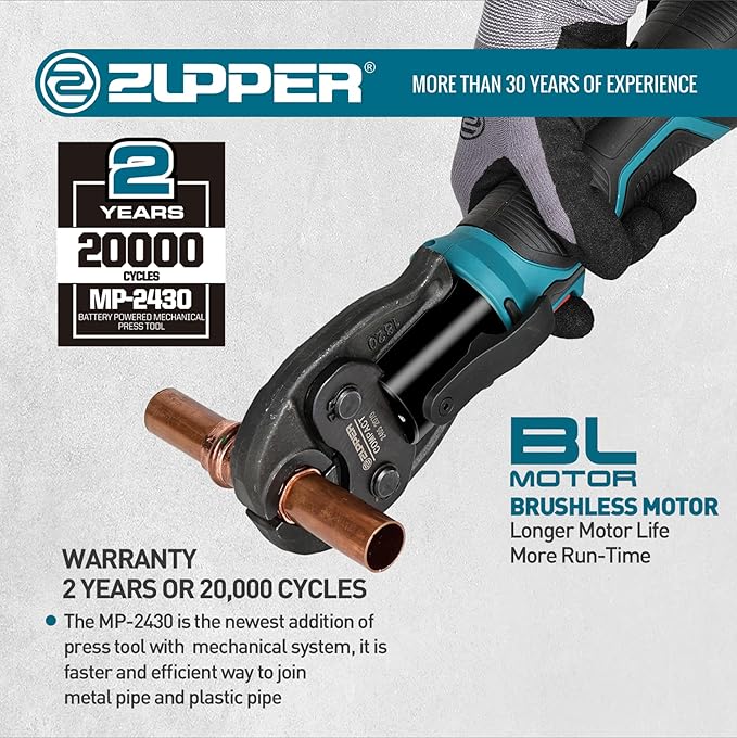 ZUPPER Compact Pro Press Tool kit with 4 Copper Pro Press Jaws 1/2" to 1-1/4", Brushless Motor, 2pcs Battery, Fast Charger & Carrying Case