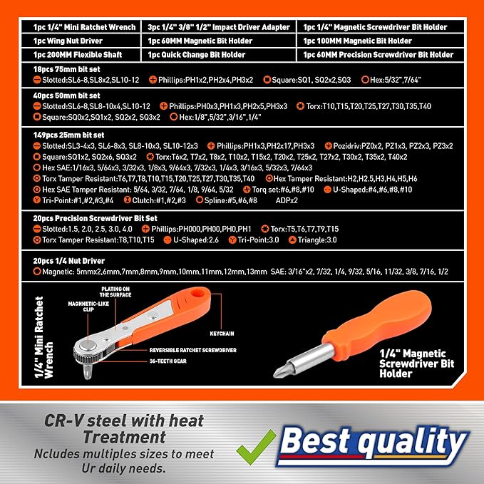 Amartisan 258-Piece Ultimate Screwdriver Bit Set, Chrome Vanadium Steel Driver Bit Set, Security bit set, Includes Bits Holder, Nut Driver, etc (Orange)