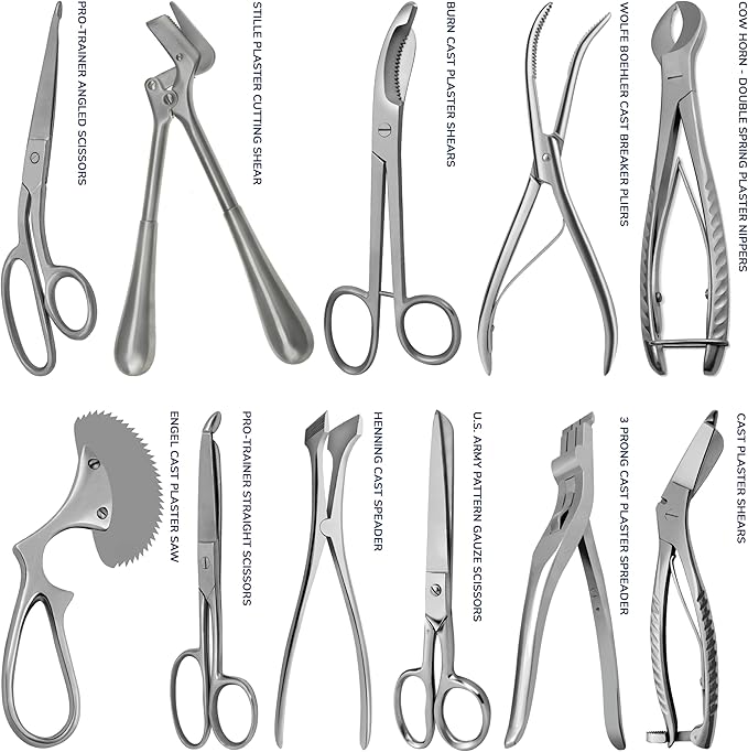 Cast Spreader 3 Prong, Burn Cast & Plaster Shear, Scissors Pliers Forceps Plaster Opner Orthopedic Tools Instruments German Grade Stainless Steel (11 pcs Set)