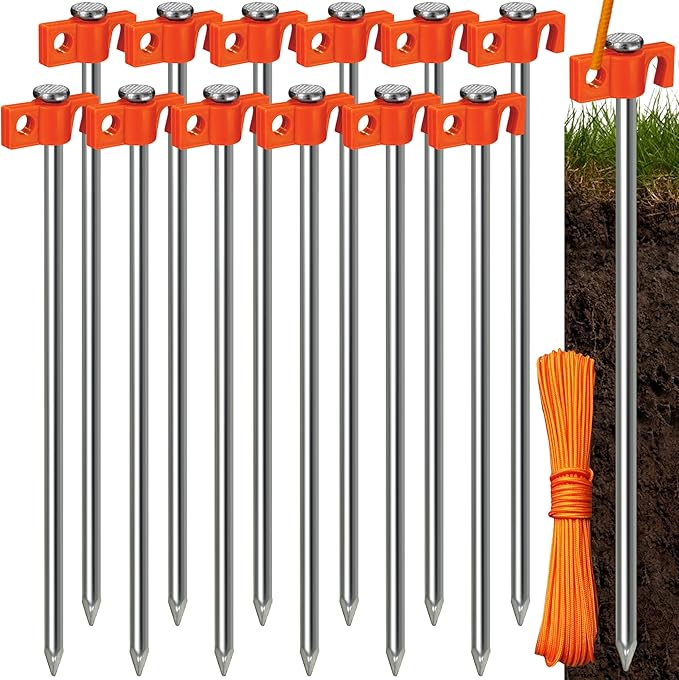 Tradesparker Tent Stakes 12-Pack 10Inch Heavy Duty Garden Stakes Canopy Anchors Double-Sided Hook Design - Includes Ropes for Camping Tents, Pop Up Canopies and Outdoor Events, Orange