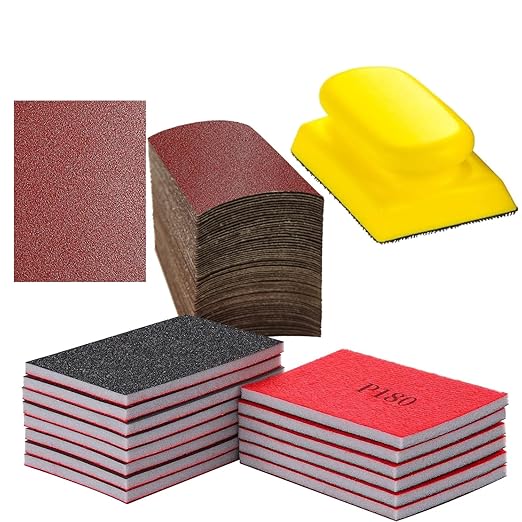 85pcs Detail Sandpaper Kit, 70pcs Sanding Sheets, 14pcs Sanding Sponge and one 3?쓝 4??Hand Sand Block,180-1000 Grit Sand Pads for Metal Wood Furniture Model Polishing -FHS85