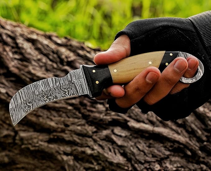Handmade Damascus Steel Hawkbill Knife with Leather Sheath, Professional Lineman's Utility Blade for Wire Skinning, (G10)