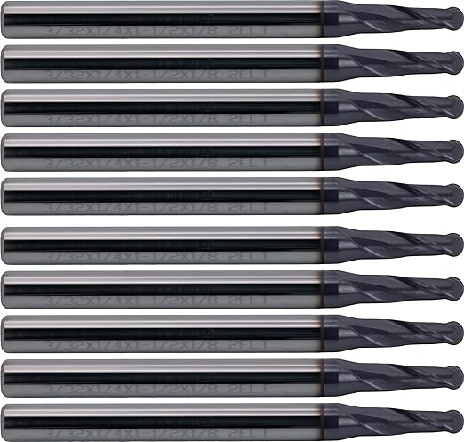 CME 10 pcs Micrograin Carbide End Mills, Ball Nose, TiAlN Coated, 3/32" Mill Diameter, 1/4" Length of Cut, 1 1/2" Overall Length, 2 Flute, Center Cutting