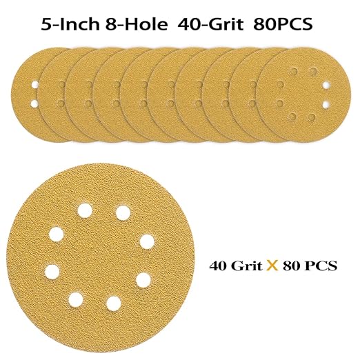 80PCS 5 Inch 8 Hole Sanding Discs 40 Grit,Gold Round Hook and Loop Sandpaper for Random Orbital Sander