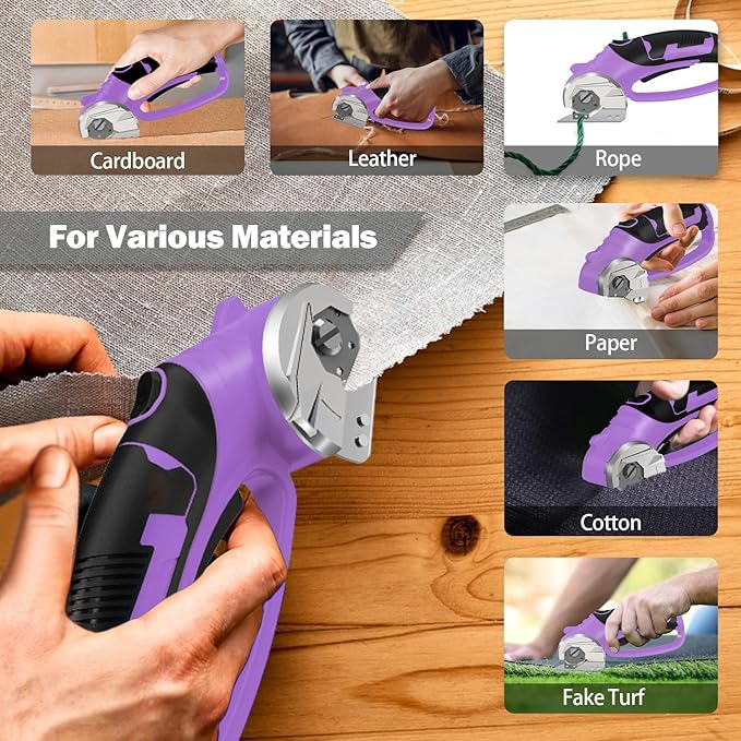 Cordless Electric Scissors, 4V Box Cutter & Cardboard Cutter with 2 Titanium Blades - Rotary Cutter with LED Light for Fabric, Leather, Carpet, Plastic, Crafting + Storage Case (Purple)