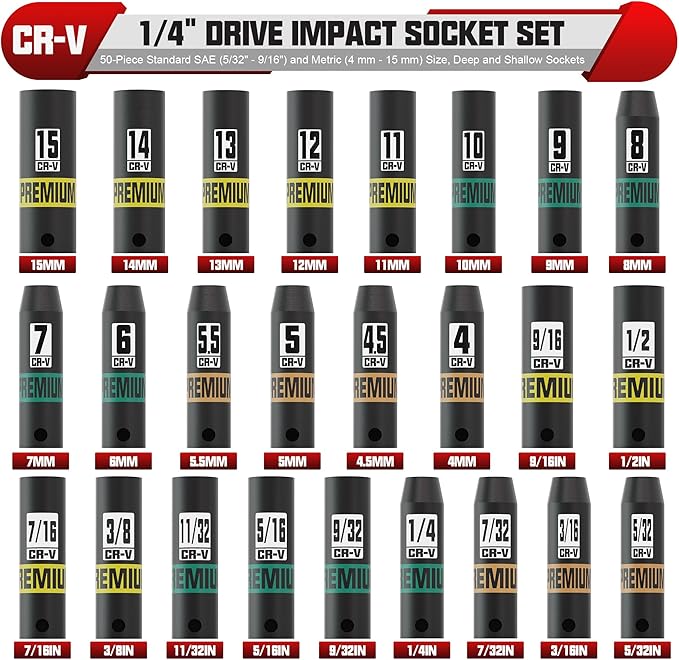 1/4" Drive Impact Socket Set, 50-Piece Standard SAE (5/32" - 9/16") and Metric (4 mm - 15 mm) Size, Deep and Shallow Sockets, Cr-V Steel, 6 Point, Auto Repair Bicycle Maintenance