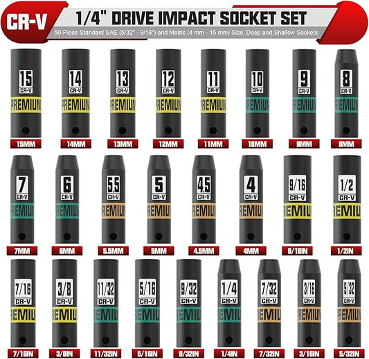 1/4" Drive Impact Socket Set, 50-Piece Standard SAE (5/32" - 9/16") and Metric (4 mm - 15 mm) Size, Deep and Shallow Sockets, Cr-V Steel, 6 Point, Auto Repair Bicycle Maintenance