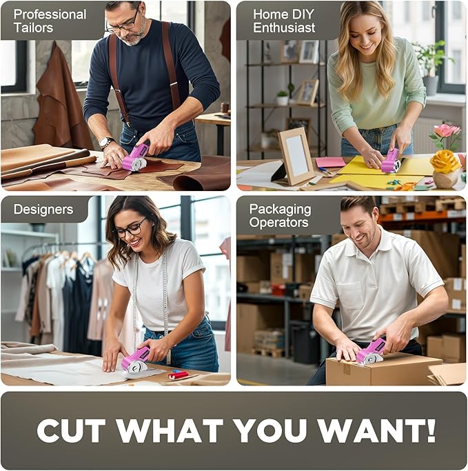Cordless Electric Scissors: 4V Rechargeable Rotary Cardboard Cutter, 3000mAh Battery, with LED Light & Safety Lock, 2 Blades, Electric Box Cutter for Fabric Carpet Carton Plastic Leather Cloth (Pink)