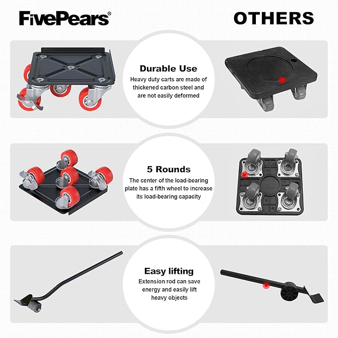 Fivepears Furniture Lift Mover Tool Set-3000 lb,5-Wheel Heavy-Duty Furniture Dolly with Handle,360째Swivel Casters Trolley-Ideal for Moving Heavy Machinery, Equipment, Pianos, Couches and Carpeted