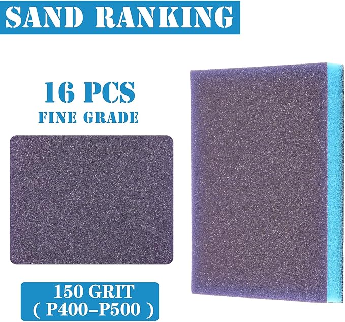 16Pcs 150 Grit Sanding Sponge, Jamiikury Sanding Blocks Washable and Reusable, Wet Dry Sandpaper Sponge for Wood Metal Furniture Paint and Drywall