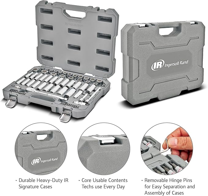 Ingersoll Rand 68 Piece 3/8-Inch Drive Metric/SAE Mechanics Tool Set, 72 Tooth Seal Headed Ratchet Handle, Chrome-Vanadium Steel Shallow/Deep Sockets, Universal Joint Socket - 752018