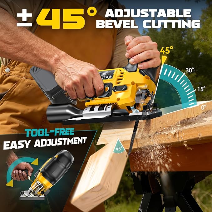 Ecarke Cordless&Brushless Jig Saw Compatible With Dewalt MAX 20V(Only Tool), 3800RPM, 7 Speeds Dial Control, Free-Tool ±45° Bevel Cuts, 4 Orbital Action, Dust Blows and 6 Blades For Cutting