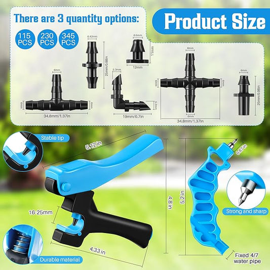 Feekoon Drip Irrigation Punch Hole Tubing Cutter Tools with Barbed Connectors, 2-in-One Drip Tubing Hole Punch for 1/4 Inch Fitting 16 20 25 mm PE Pipe and Emitter(230 Irrigation Plugs)
