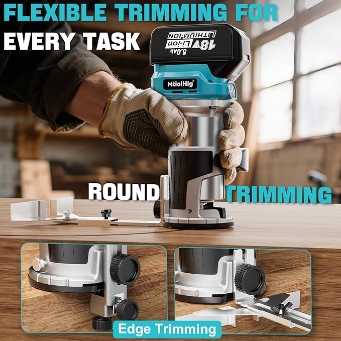 Cordless Compact Router Compatible with Makita 18V Battery, With 1 x 5.0Ah Rechargeable Battery, 6 Pcs Router Bits for Woodworking, 6 Variable Speeds Router With Trim Bits