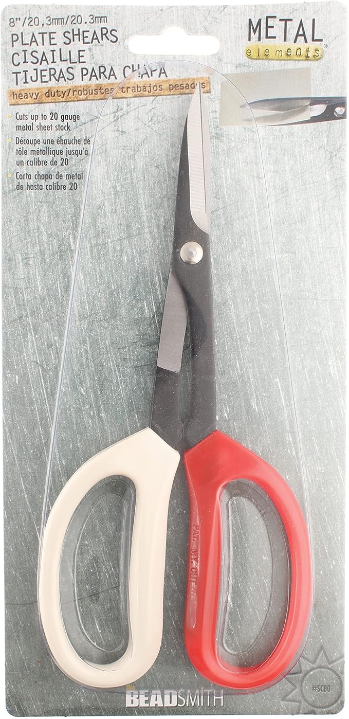 The Beadsmith Plate Shears ??Metal Elements ??Heavy Duty Scissors ??Made of Carbon Steel ??8 Inches/20.3mm Long, 1.75in/44.45mm Cutting Blades ??Cuts Up to 20 Gauge Metal Sheet Stock