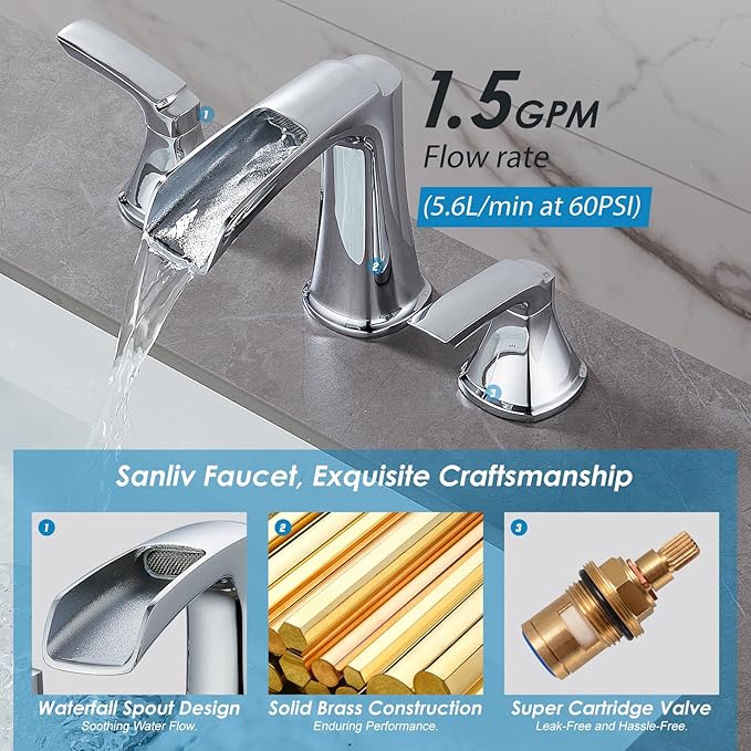 Chrome Waterfall Bathroom Faucet, Sanliv 3-Piece Widespread Bathroom Sink Faucets, 2-Handle Vanity Faucet for 3-Hole Sinks 4-8 Inch with Pop-Up Drain, ?랶olished Chrome