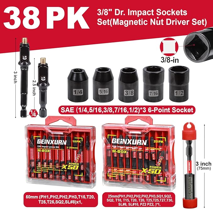 Magnetic Nut Driver Set, 38 Pieces Impact S2 Steel Driver Bit Set, 3/8" Drive Socket Set(6 Point), Magnetic Socket Drive Adapter, Multi-Screwdriver Bit Set with Bit Holder
