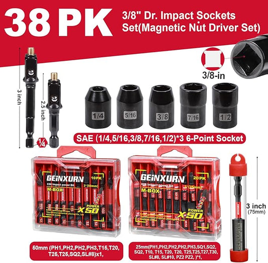 Magnetic Nut Driver Set, 38 Pieces Impact S2 Steel Driver Bit Set, 3/8" Drive Socket Set(6 Point), Magnetic Socket Drive Adapter, Multi-Screwdriver Bit Set with Bit Holder