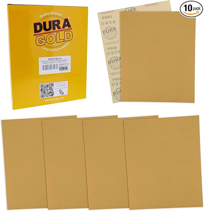 Dura-Gold Premium 9" x 11" Gold Sandpaper Sheets, 800 Grit (Box of 10) - Wood Furniture Woodworking, Automotive Paint, Full-Size Cut to Use on 1/4, 1/3, 1/2 Sheet Finishing Sanders, Hand Sanding Block