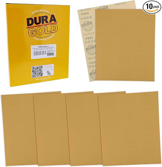 Dura-Gold Premium 9" x 11" Gold Sandpaper Sheets, 800 Grit (Box of 10) - Wood Furniture Woodworking, Automotive Paint, Full-Size Cut to Use on 1/4, 1/3, 1/2 Sheet Finishing Sanders, Hand Sanding Block