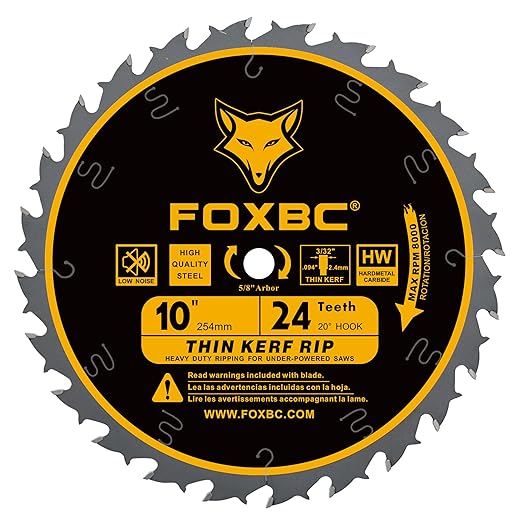FOXBC 10-Inch Thin Kerf Ripping Table Saw Blade for Wood Cutting, 24-Tooth FTG, 5/8-Inch Arbor