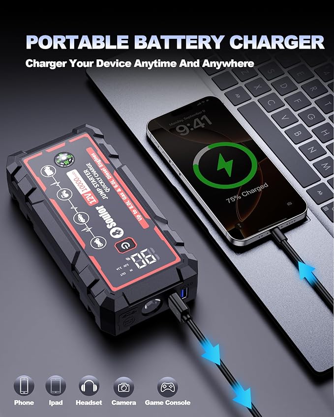 9 in 1 Jump Starter, 12V Jump Box Car Battery Jumper Starter Portable with 14 in 1 Protection Jumper Cables, LED Lights, LCD Display, Insulated Gloves