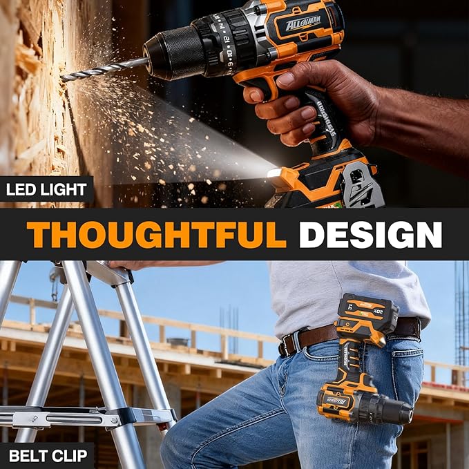 Alloyman 20V MAX Cordless Hammer Drill, Max 620 In-lbs, 31500BPM, Brushless Motor, 1/2" Keyless Metal Chuck, 20+3 Torque Settings, Impact Drill Kit for Drilling Brick Wall, Metal