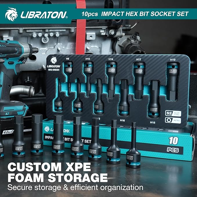 LIBRATON Impact Hex Bit Socket Set, 1/2" Dr, S2 Steel, 10PCS High Torque Sockets(Metric H5-H19) for Professional Mechanics & Automotive Repair (XPE Storage Case)