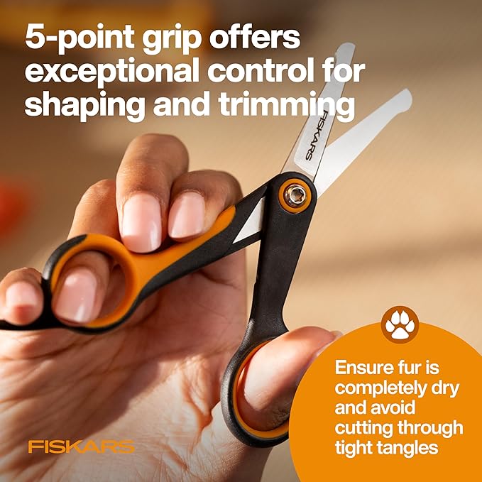 Fiskars Pet, Dog & Cat Grooming Scissors, Rounded Tips & SoftGrip Handle, Cat and Dog Supplies, 5.5?? Orange/Black, Detailing Scissors