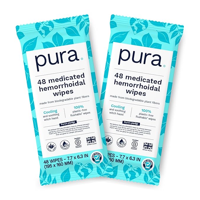Pura XL Flushable Medicated Wipes for Hemorrhoid Relief, Extra-Large, Fragrance-Free Wet Wipes with Witch Hazel, Coconut Oil & Aloe, Skin Soothing, 96 Wipes (2 Packs)