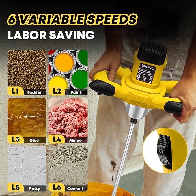 SILVEL Cement Mixer, 2300W Handheld Electric Concrete Mixer, Portable Mortar Mixer with 6 Adjustable Speed, 110V Mud Mixer for Mixing Mud, Cement, Mortar, Paint, Fodder