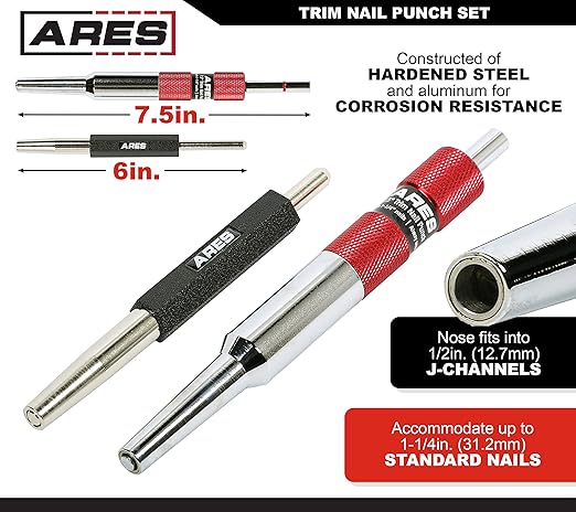 ARES 10117 2-Piece Trim Nail Punch Set 6-Inch and 7.5-Inch Punches Drive Nails Up to 1-1/4-Inch (31.2mm)