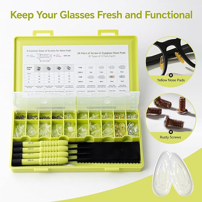 Eyeglass Nose Pads Replacement, 24 Pairs of Screw-in Glasses Nose Pads with Precision Screwdriver Set, Magnetic Eyeglass Repair Kit with Screws, Curved Tweezer for Travel, Birthday Gift, Christmas