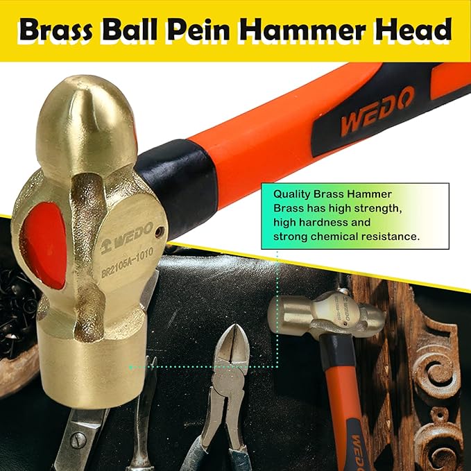 WEDO 3PCS Brass Ball Peen Hammer Set, 8 oz + 16 oz + 24 oz(1/2lb+1lb+2lb), Brass Ball Pein Hammer Set with Fiberglass Handle, Die-Forged, Corrosion Resistant, DIN Standard