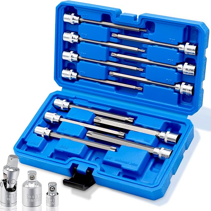 RIZOM 15-Piece 3/8" Drive Extra Long Torx Bit Socket Set, T10-T60 Star Bit Socket Set, CR-V and S2 Steel