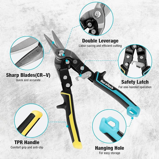 DURATECH 3PCS Aviation Snips Set | 10 Inch Left Straight Right Cut Tin Snips for Cutting Metal Sheet | CR-V Steel Heavy Duty Tin Snips with Visible Cutting Length