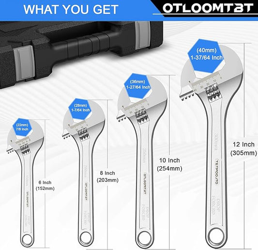 OTLOOMTBT 4-Piece Adjustable Wrench Sets (6, 8, 10, 12 Inch) with Industrial Grade Heavy Duty Design and Wide Opening Capacity. Forged from Chrome Vanadium Steel for Extreme Durability, Chrome Plating