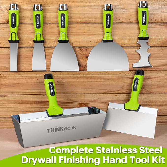 THINKWORK Drywall Tools - 8Pcs Stainless Steel Drywall Knife Set with Putty Knife, Taping Knives, Painter Scraper & 10" Mud Pan, Spackle Tool Set for Joint Taping, Finishing & Patching