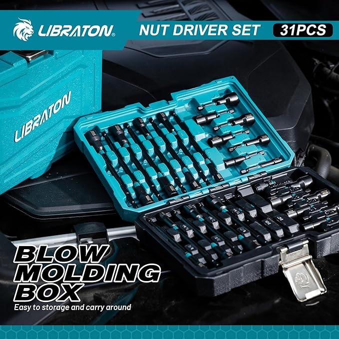 LIBRATON 31PCS Magnetic Nut Driver Set, 1/4" Impact Drill Driver Bit Set, Long Nut Drivers 6INCH, Metric & SAE Nut Drivers for Impact Drill, Socket Set, Impact to Hex Converter, PH1, PH2, Storage Box