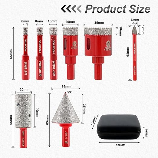 FOCSTOL Diamond Core Drill Bit Set - 8pcs (6/8/10/20/35mm+20mm Finger Milling Bit+35mm Beveling Chamfer Bit+6mm Carbide Drill Bit) Diamond Hole Saw Kit for Porcelain Ceramic Tile Marble Granite